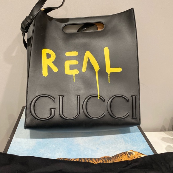 Authentic brand New Gucci Ghost REAL Black Leather Graffiti Tote Bag - Picture 6 of 8